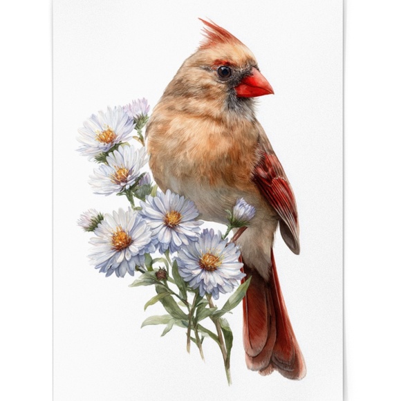 Watercolor Female Cardinal Bird with Flowers Wall Art Print Unframed - Picture 2 of 6